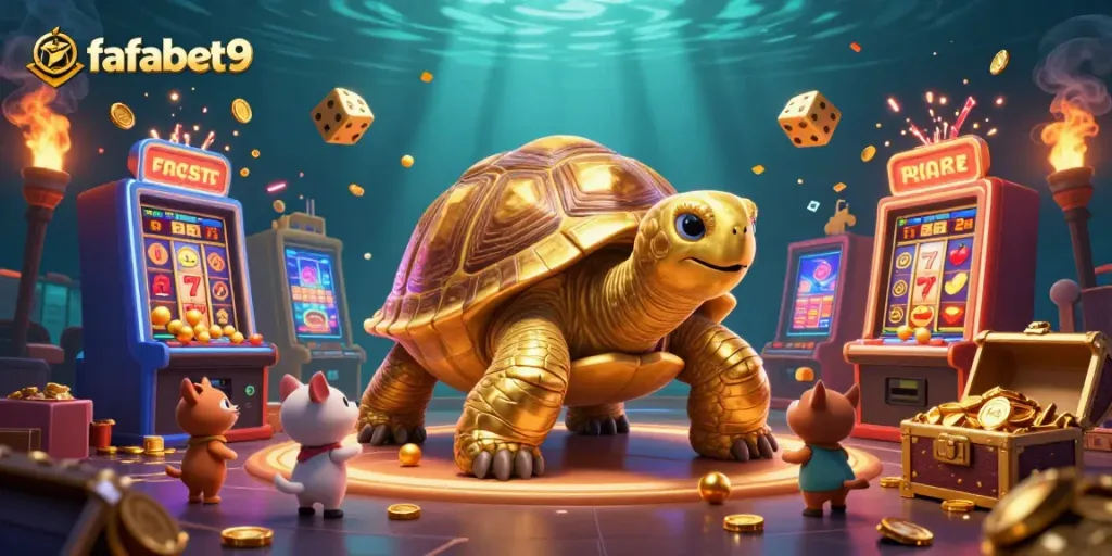 Spin the reels at FafaBet9 with an exciting scene featuring a golden tortoise pinball, slot machines, and vibrant gaming elements.