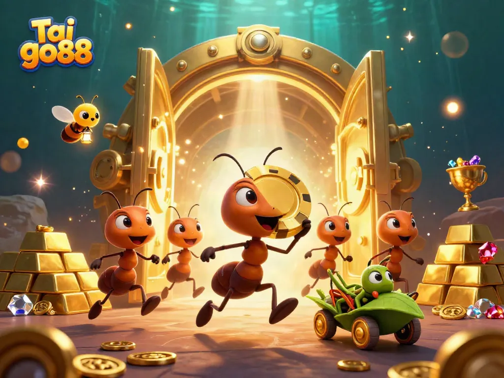 Experience the thrilling world of Tai go88 with playful ants and golden treasures in this vibrant 3D scene.