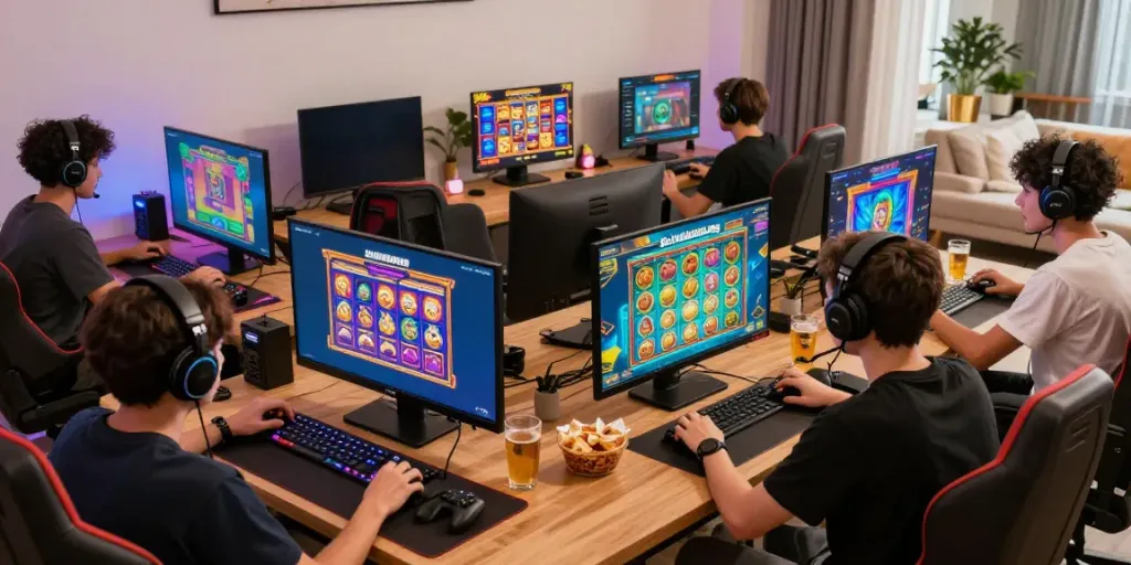 Exciting players enjoying Slot MAHJONGJP88 in a lively gaming room.