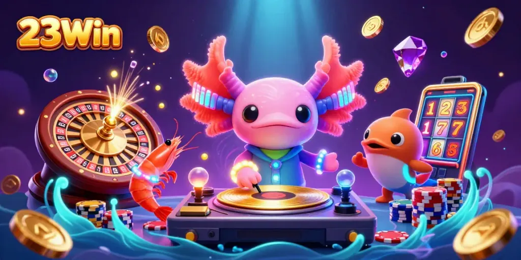 Spin to win at 23Win with the vibrant axolotl DJ and exciting casino elements.
