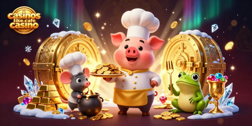 Engaging scene of casinos like cafe casino with characters celebrating over gold coins.