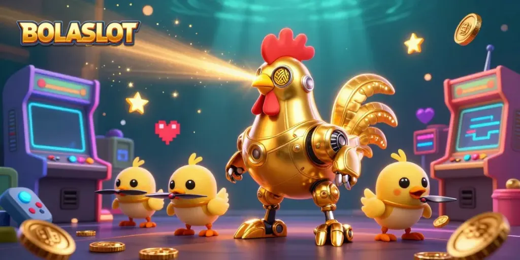 BOLASLOT illustration of a futuristic golden rooster robot and baby chick drones with casino game elements.