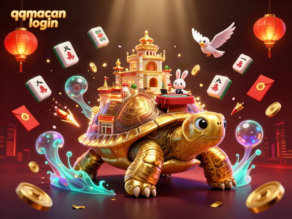 Experience the thrill of qqmacan login with a golden tortoise casino and rabbit dealer amidst vibrant gaming elements.