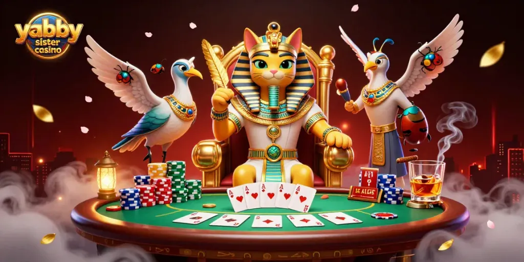 Explore thrilling games at yabby sister casino with Egyptian-themed characters and vibrant gambling elements.