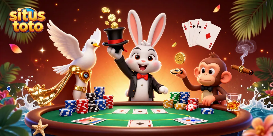 Situs toto menghadirkan ilustrasi kasino 3D yang memikat dengan pesulap, burung merak berlapis sequin, dan monyet cerdik yang mencuri chip poker.