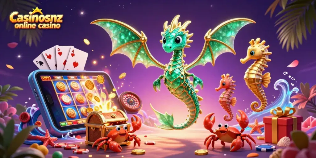 Engage with casinosnz online casino through a captivating treasure-filled scene with vibrant slot games!