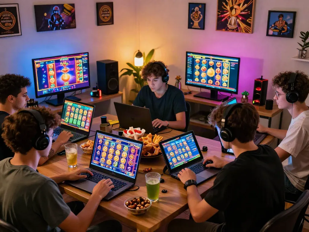 Excited players enjoying link slot777 games online with snacks and drinks in cozy setting.