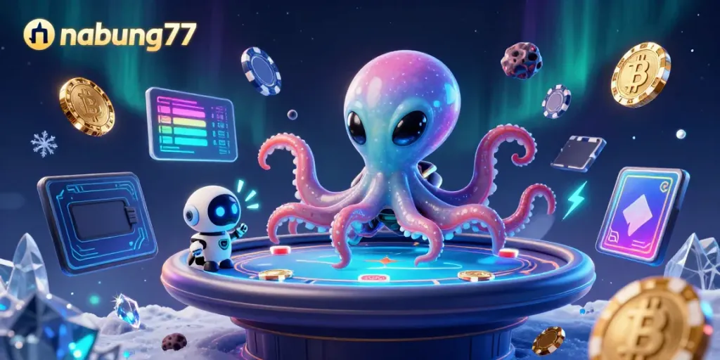 Experience gaming thrills with nabung77, an alien octopus presiding over a floating poker table amidst cosmic excitement.