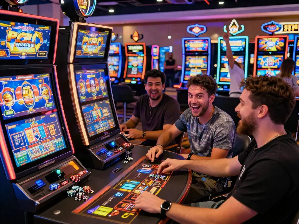 Players enjoying PG SLOT games on a lively casino floor with colorful lights.