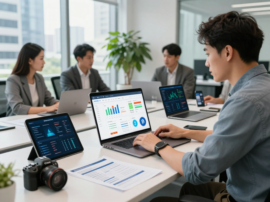 Business professionals analyzing certificados ssl on a laptop in a modern office.