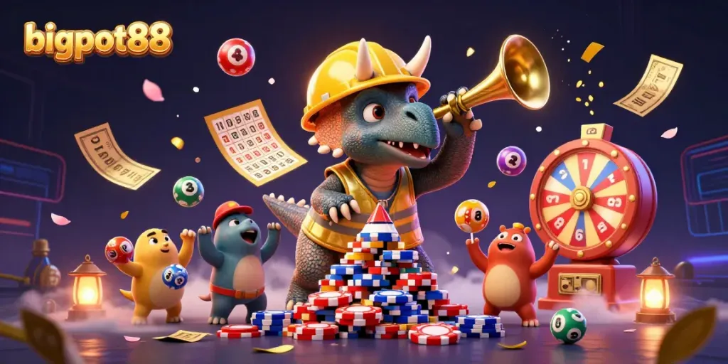 Permainan bigpot88 dengan karakter dinosaur yang membangun tumpukan chip poker dan elemen lotere berwarna-warni.