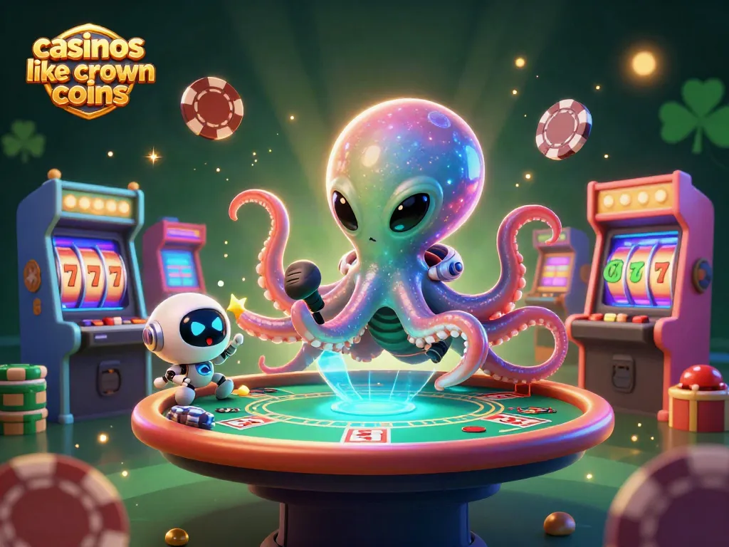 Play in vibrant casinos like crown coins with alien octopus and robot at a poker table.