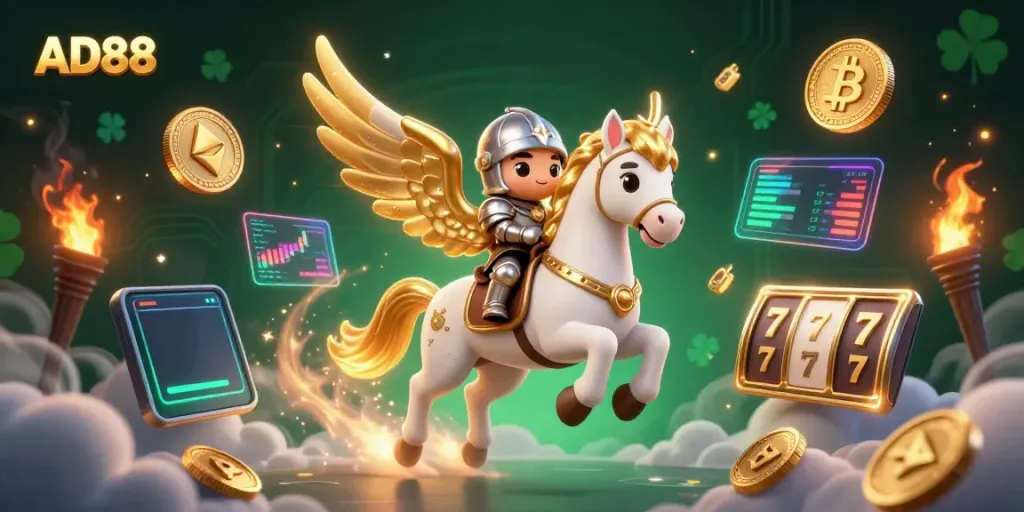 Experience thrilling slots at AD88 with a majestic horse and knight in action