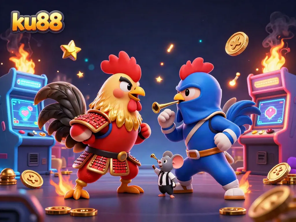 Engage with ku88's gaming thrill as fighting roosters clash in a vibrant casino environment.