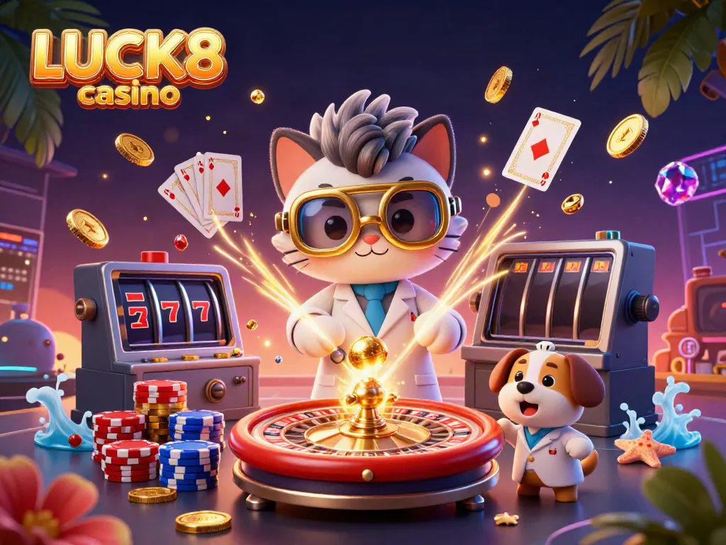 Experience the excitement at LUCK8 casino with this vibrant 3D illustration of a mad scientist cat creating gold