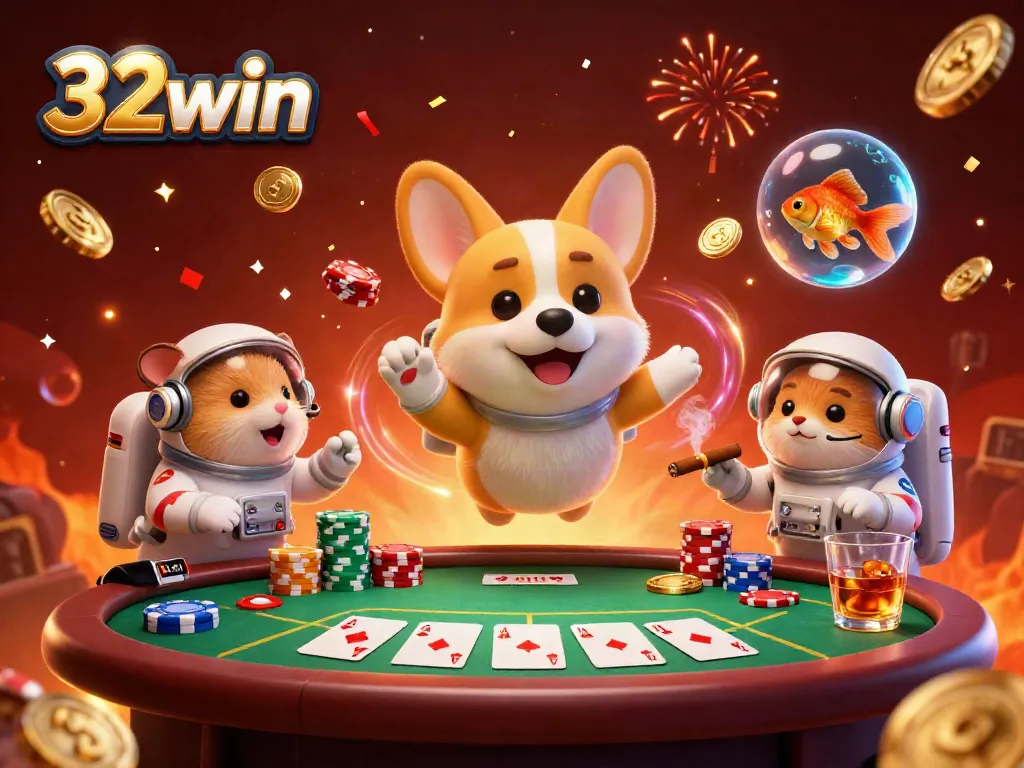 Experience thrilling gaming at 32win's vibrant casino with a floating astronaut corgi and confetti celebration.