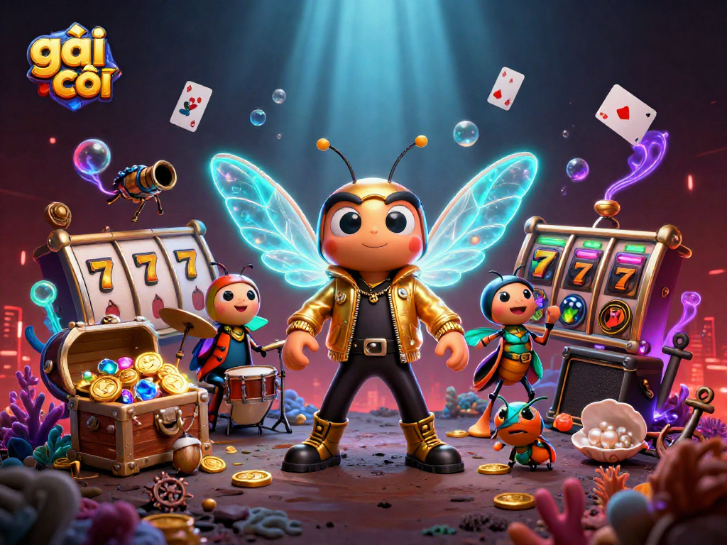 gái gọi engages players with vibrant 3D casino illustration showcasing slot reels and colorful gems
