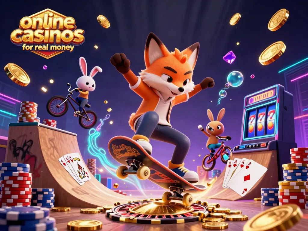 Exciting scene showcasing animated characters celebrating wins at online casinos for real money amidst casino elements.