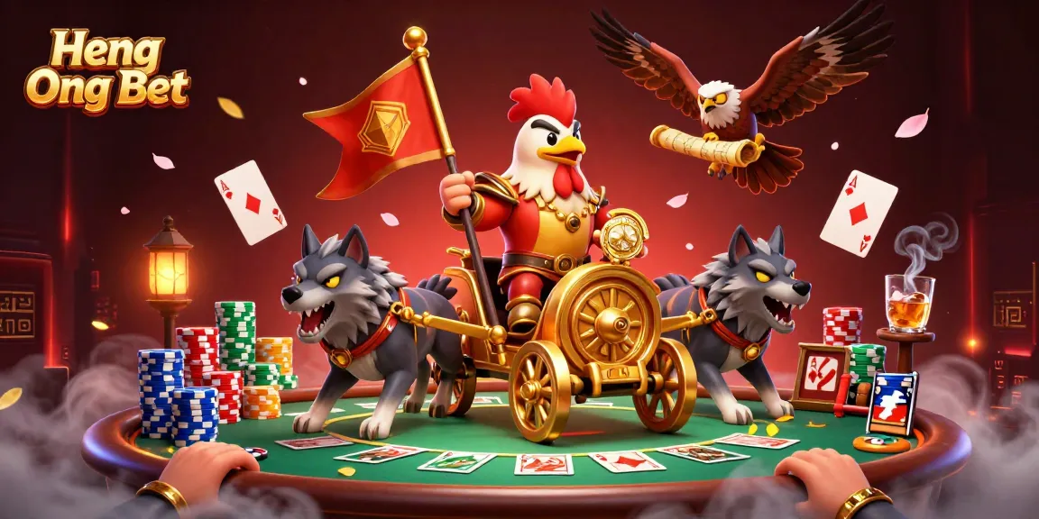 Engage in strategic poker gameplay with Heng Ong Bet, featuring a dynamic illustration of a rooster warlord in action.