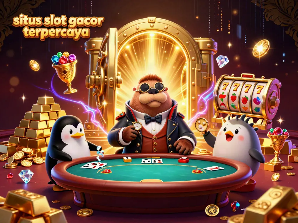 Engaging scene of situs slot gacor terpercaya with a walrus, penguin, and pufferfish at a poker table amidst treasures.