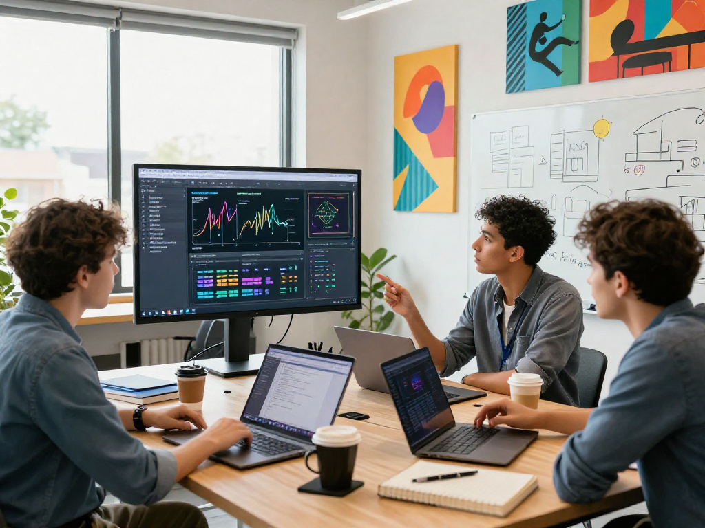 Buy app downloads strategy session with developers analyzing app performance metrics in a modern workspace.