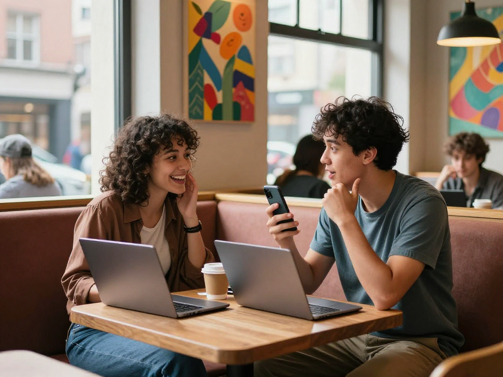 Individuals enjoying a random chat in a cozy cafe environment, showcasing intimate conversation dynamics.
