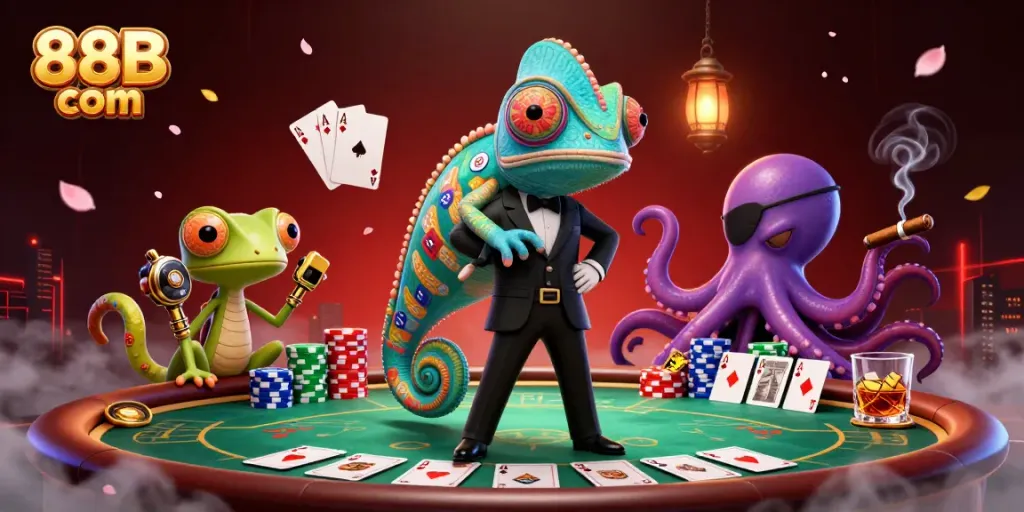 Experience the dynamic world of 88B com with a vibrant casino illustration featuring engaging characters.