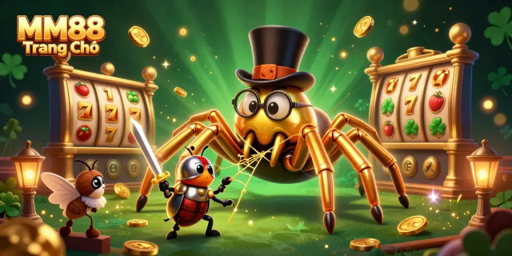 Experience MM88 Trang Chủ where a golden tarantula and knight explore vibrant slot games with thrilling excitement.