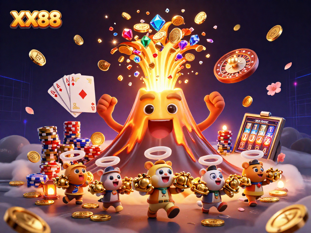 Experience the excitement of XX88 with a dynamic 3D illustration of golden coins erupting from a volcano.
