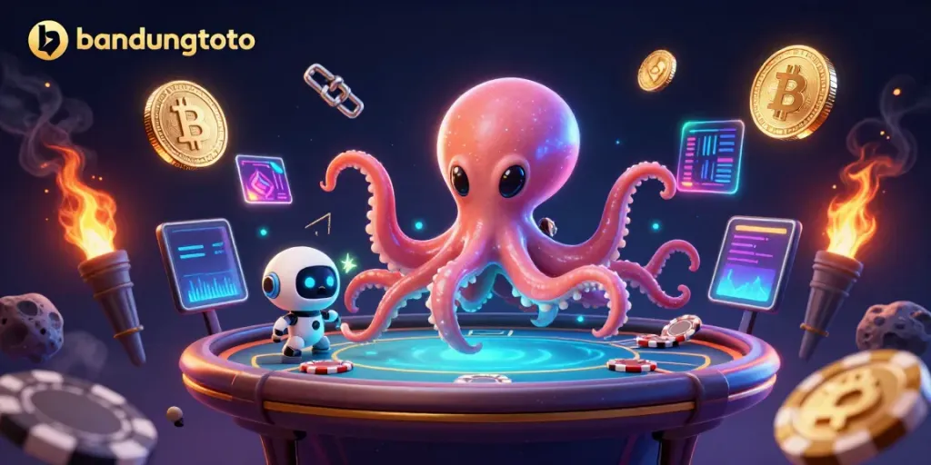 Experience thrilling gameplay with bandungtoto at a cosmic poker table, featuring glowing crypto coins and vibrant game elements.