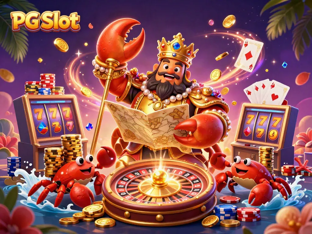 Menangkan PG Slot dengan koin emas dan karakter menarik dalam ilustrasi kasino yang memukau.