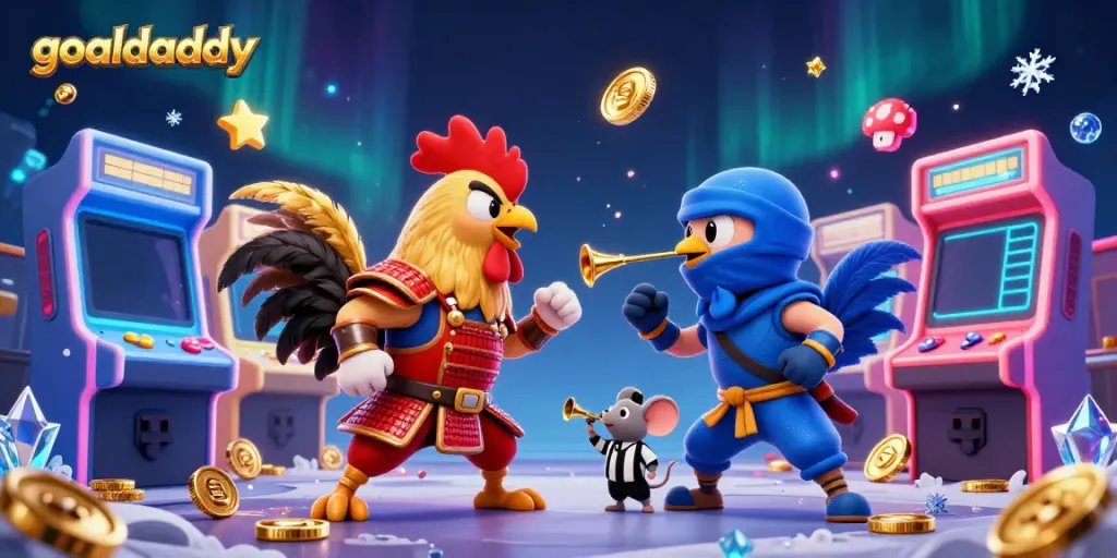 goaldaddy features twin fighting roosters in a dramatic casino showdown surrounded by vibrant gaming elements.