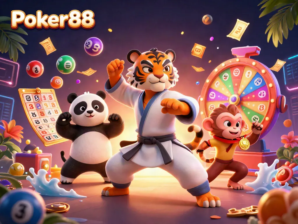 Win exciting prizes with Poker88's vibrant gaming experience featuring playful characters and dynamic elements.