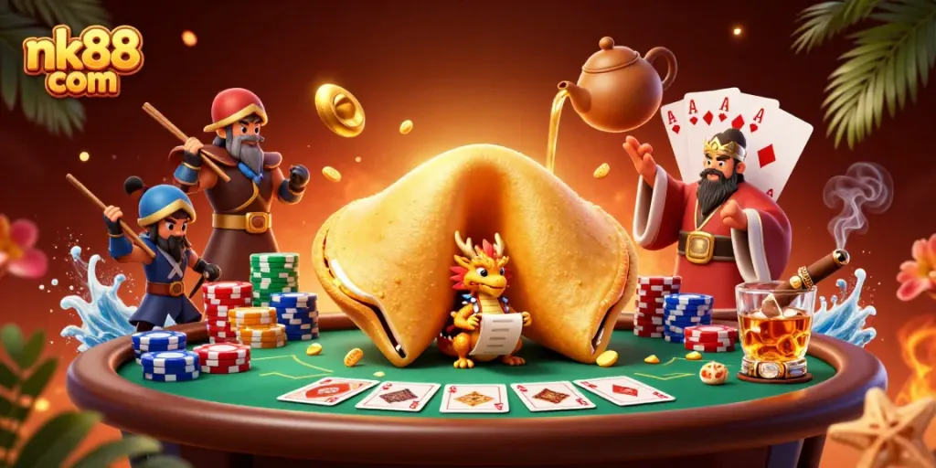 Engage in thrilling gaming at nk88 com with a vibrant 3D illustration showcasing dynamic card gaming atmosphere.