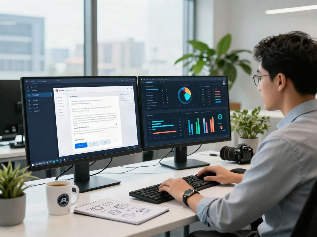 Dynamic workspace highlighting a document fraud detection solution software interface and analytics dashboard in a modern office setting.