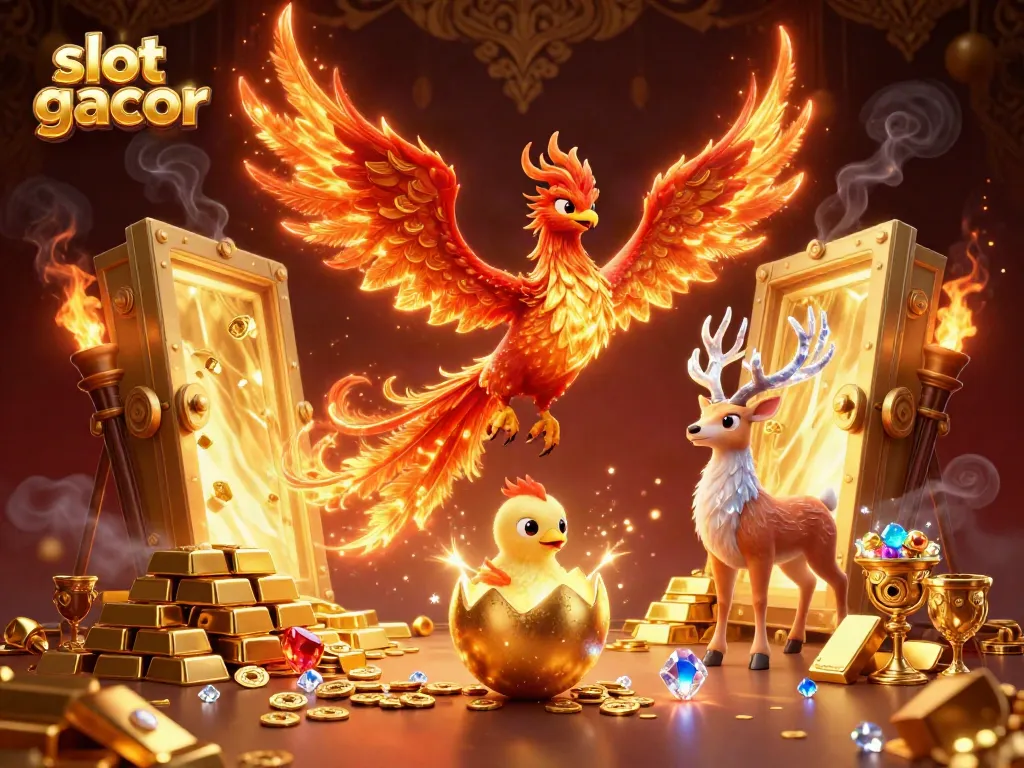 Experience thrilling slot gacor gameplay with vibrant characters and golden treasures in this captivating illustration.