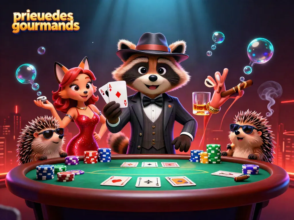 Engage in a thrilling casino night at prieuredesgourmands with raccoon and friends surrounded by poker action.