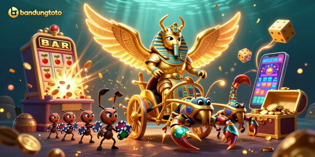 Engage with bandungtoto in a vibrant 3D casino illustration featuring dynamic gaming elements.