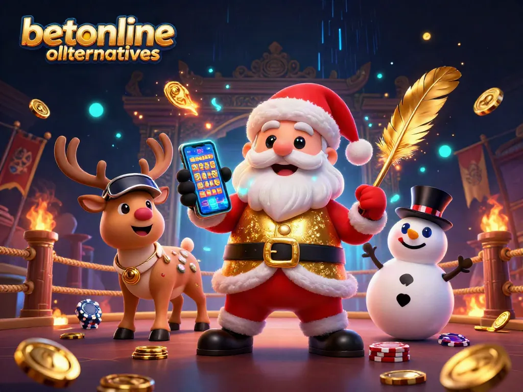 Engaging scene illustrating betonline alternatives with a Santa, reindeer, and snowman surrounded by colorful casino elements.