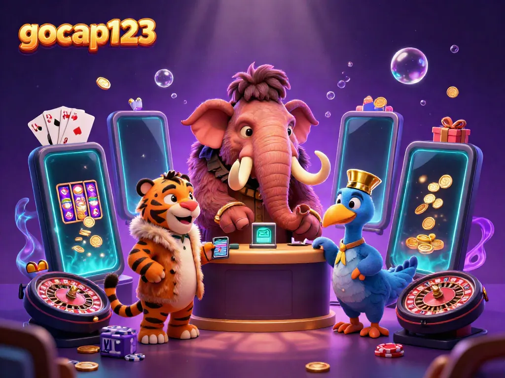 Ilustrasi 3D gocap123 menampilkan mammoth penjaga kasino berkilau dan tamu VIP.