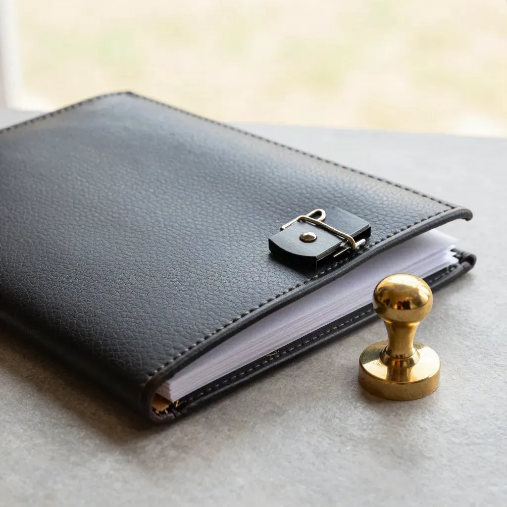 Charcoal leather deed folder, brass seal press, and archive clips on pale stone.