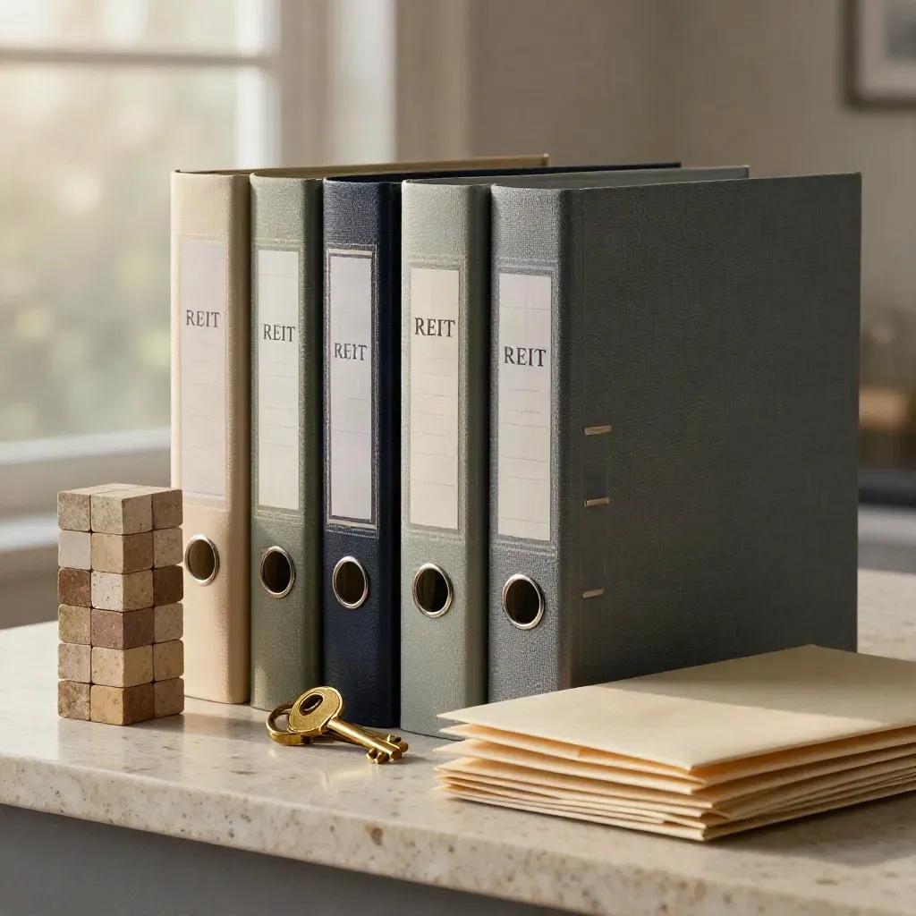 Premium REIT binders, keys, tower block, and sealed envelopes on travertine.