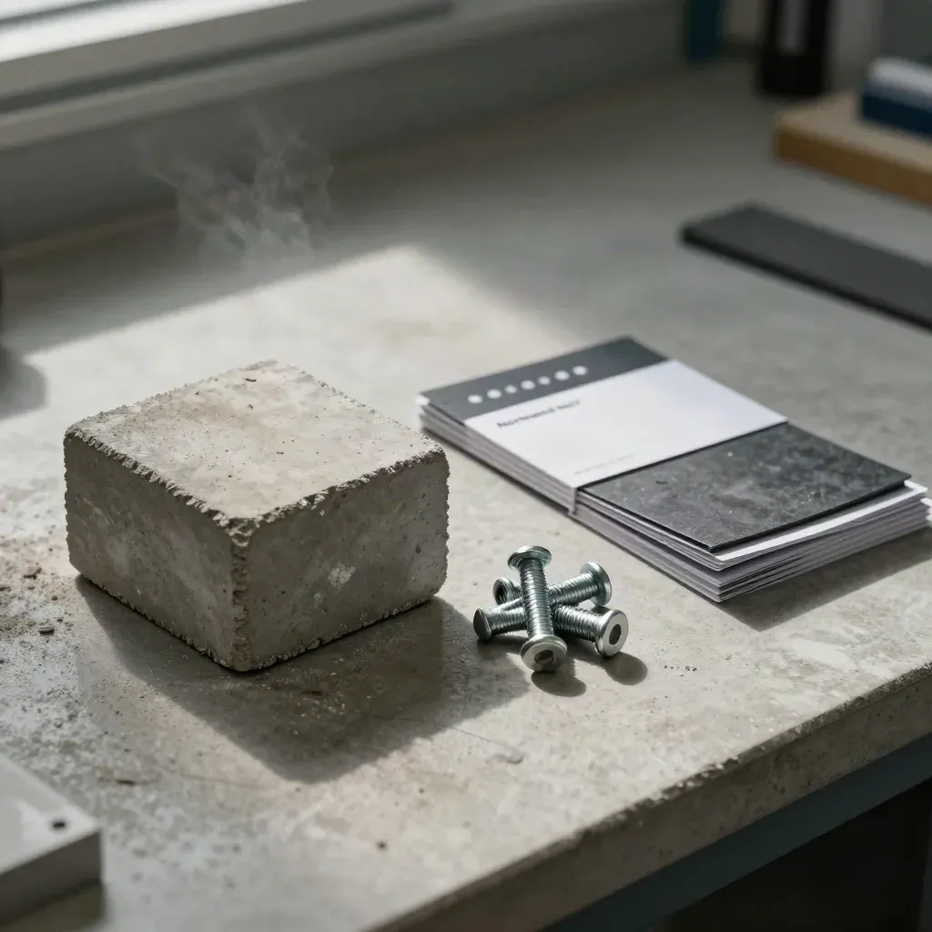 Concrete core sample, steel fasteners, and a graphite swatch book on a lab bench in soft light.