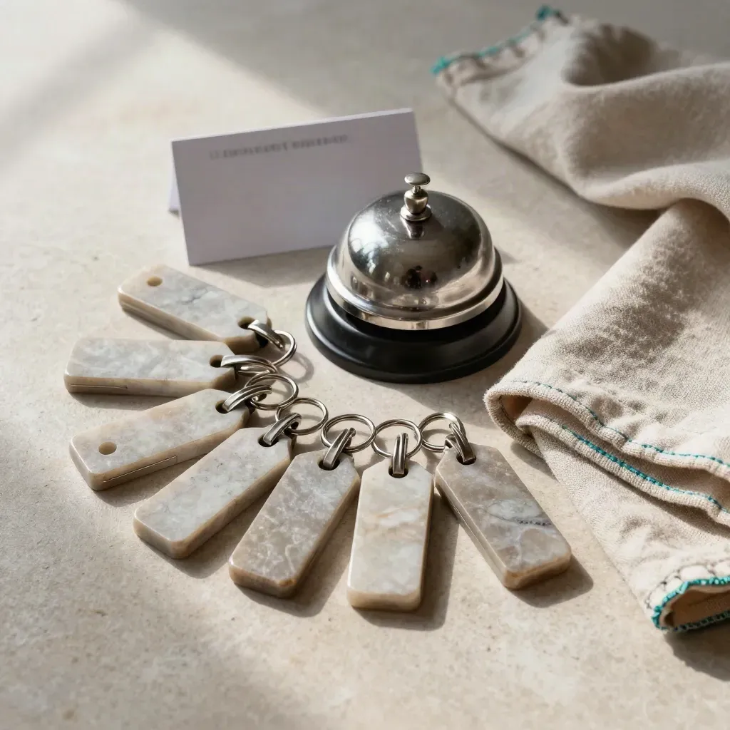 Key fobs, service bell, and folded linen on pale stone in a top-down flat lay.