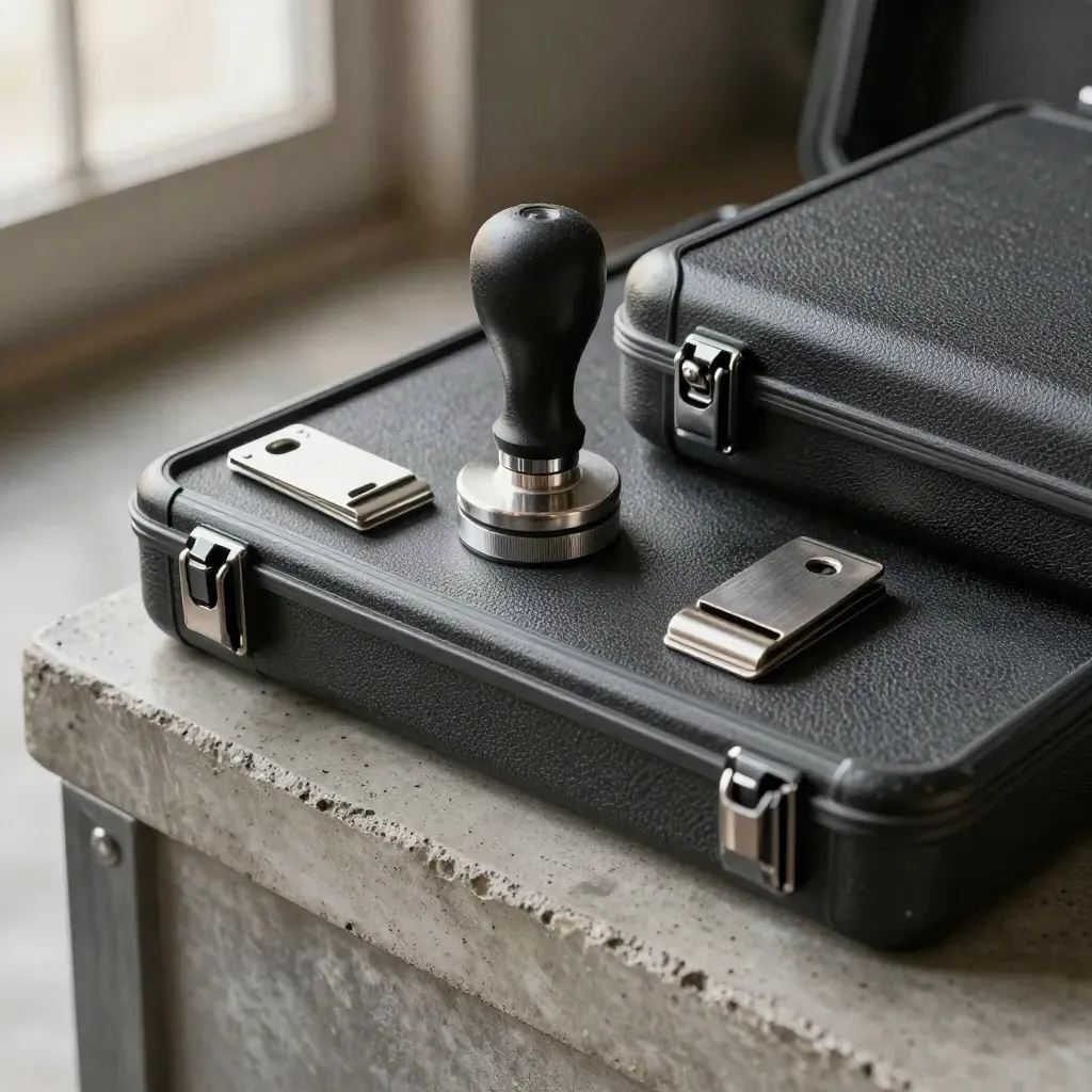 Graphite maintenance case, inspection stamp, and anodized clips on pale concrete with soft haze.