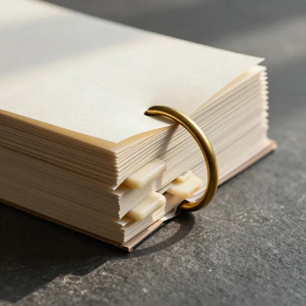 Brass ring holding a tabbed ledger stack with three small index markers on stone.