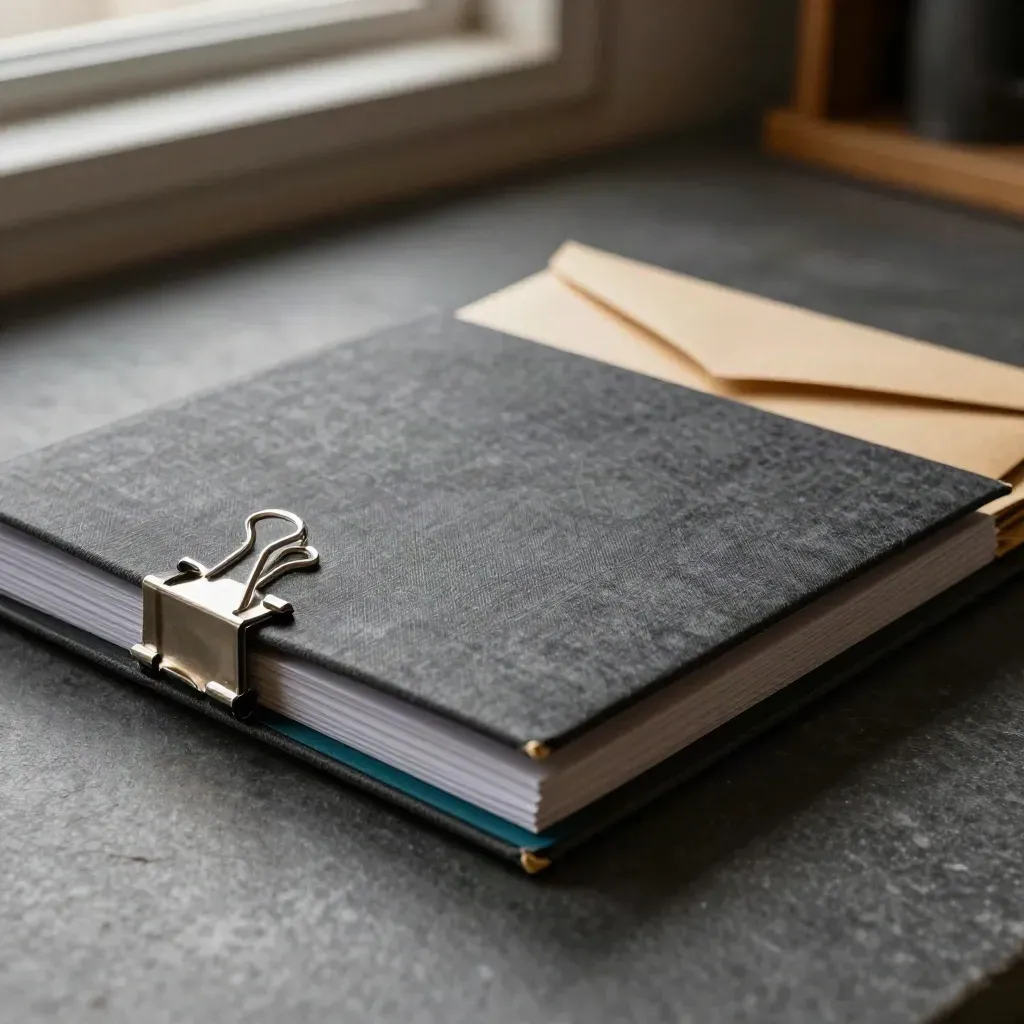 Closed report folio with silver binder clips and stacked envelopes on graphite stone.