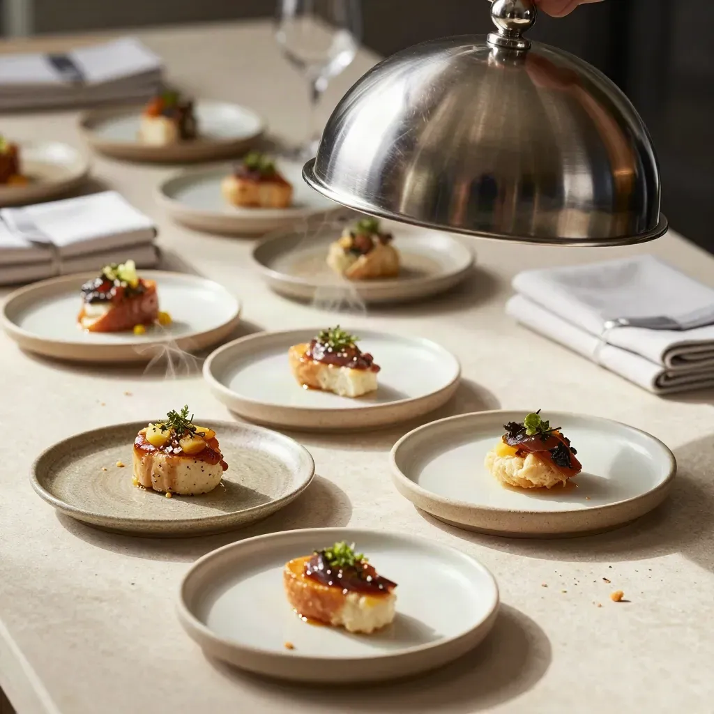 Top-down hospitality tasting plates under a cloche on stone with soft steam and linen bands.
