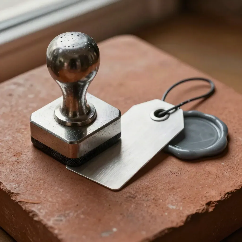 Metal approval stamp, audit tag, and cooling wax seal on terracotta stone