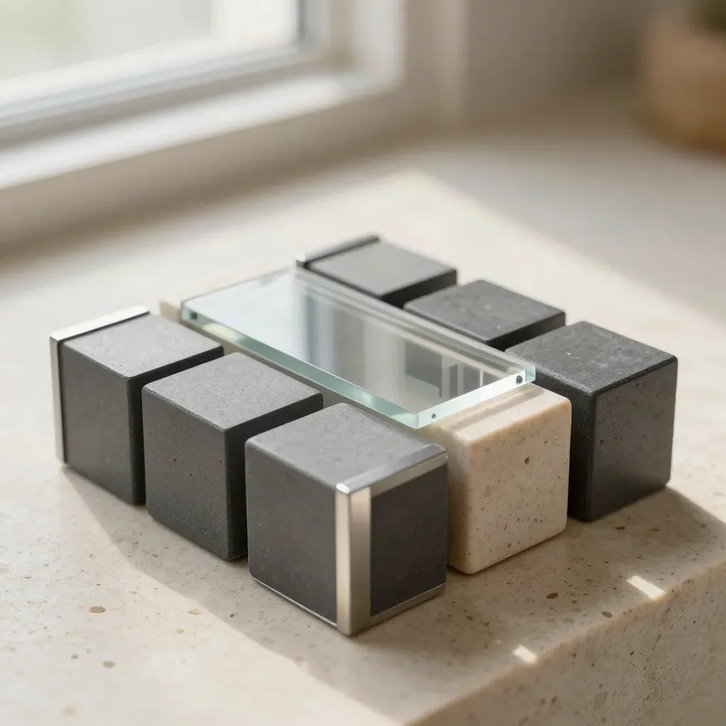 Macro architectural model blocks, aluminum trims, and a translucent slab on pale travertine.